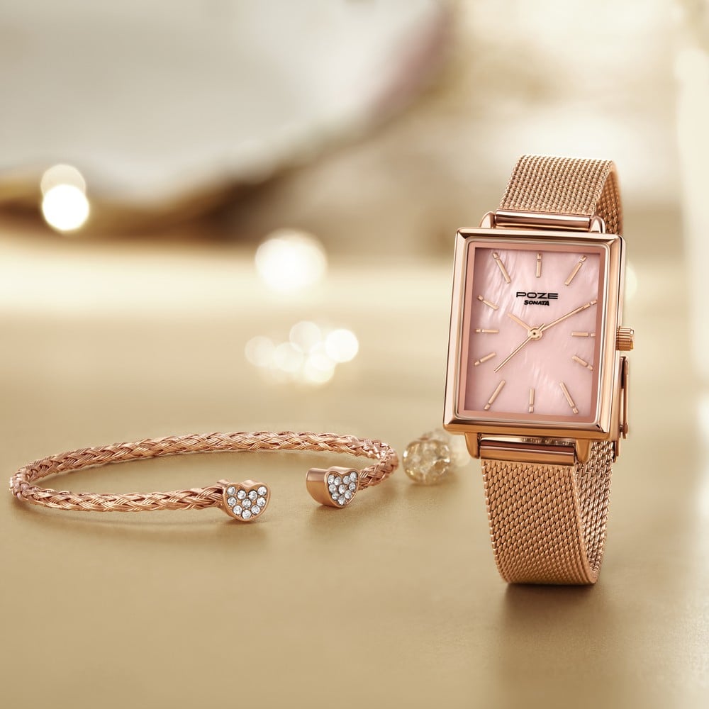[sp80079wm01f] Sonata Poze Quartz Analog Pink Mother Of Pearl Dial Rose Gold Color Stainless Steel Strap Watch For Women