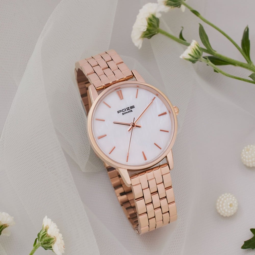 Sonata Poze Quartz Analog Mother of Pearl Round Dial Rose Gold Stainless Steel Strap Watch For Women