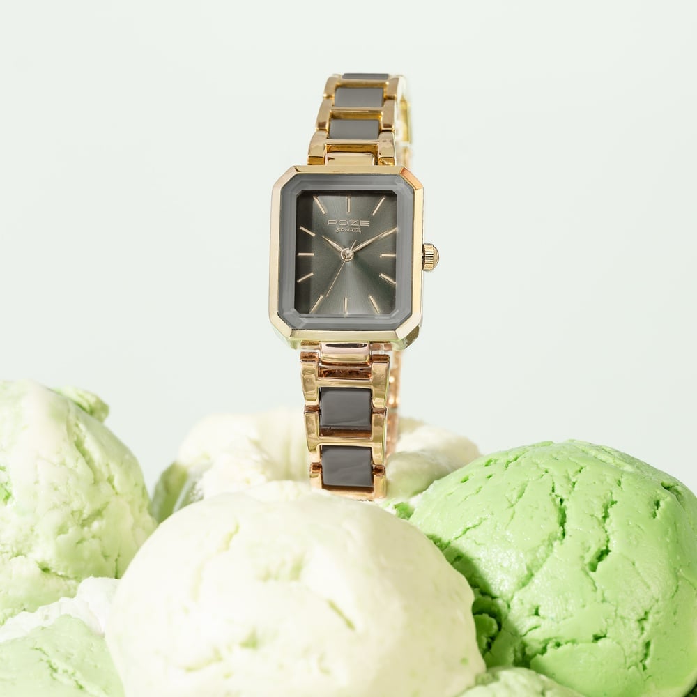 [SP80129KD02] Sonata Poze Quartz Analog Green Dial Two Toned Metal & Plastic Strap Watch For Women