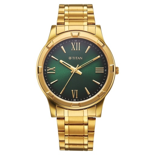 [10058ym04] Titan Karishma Quartz Analog Green Dial Golden Stainless Steel Strap Watch For Men