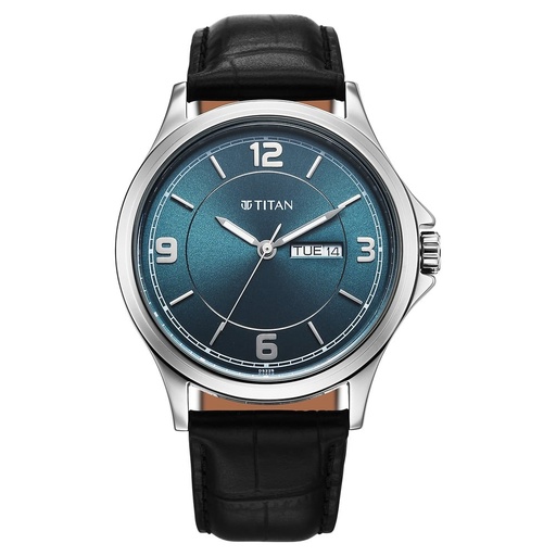 [1870sl10] Titan Neo Arabic Analog with Day Date Teal Blue Dial Black Leather Strap Watch for Men