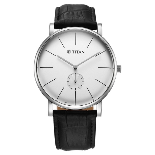 [90203sl01] Titan Elegance Analog with Small Second and White Dial Black Leather Strap Watch for Men