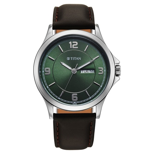 [1870sl12] Titan Neo Arabic Analog with Day Date Green Dial Brown Leather Strap Watch for Men