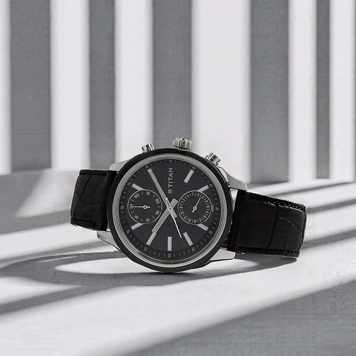 [1733kl01] Titan Men's Midnight Precision: Multifunction Blue Dial with Classic Leather Strap Watch