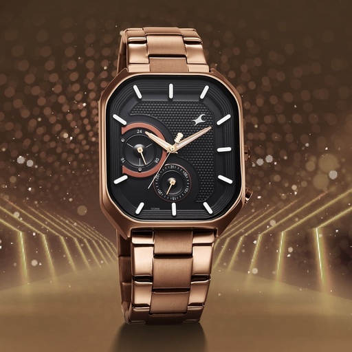 [3321qm02] Fastrack Groove Multifunction Black Dial Metal Strap Guy's Watch with Lume indices