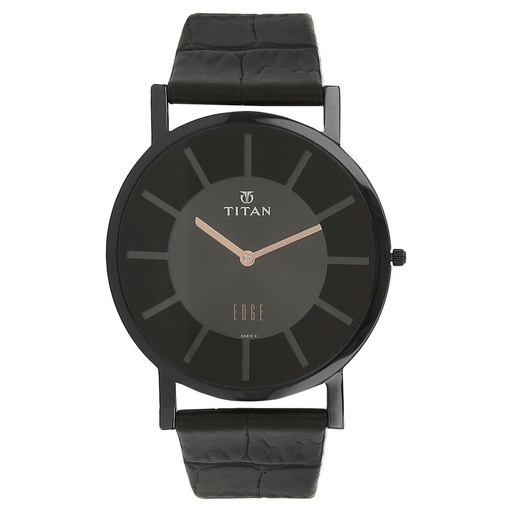 [1595nl01] Titan Edge Quartz Analog Black Dial Black Leather Strap Watch For Men