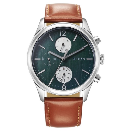 [1805sl11] Titan Wrist Wit Quartz Analog with Day and Date Grey Dial Leather Strap Watch for Men