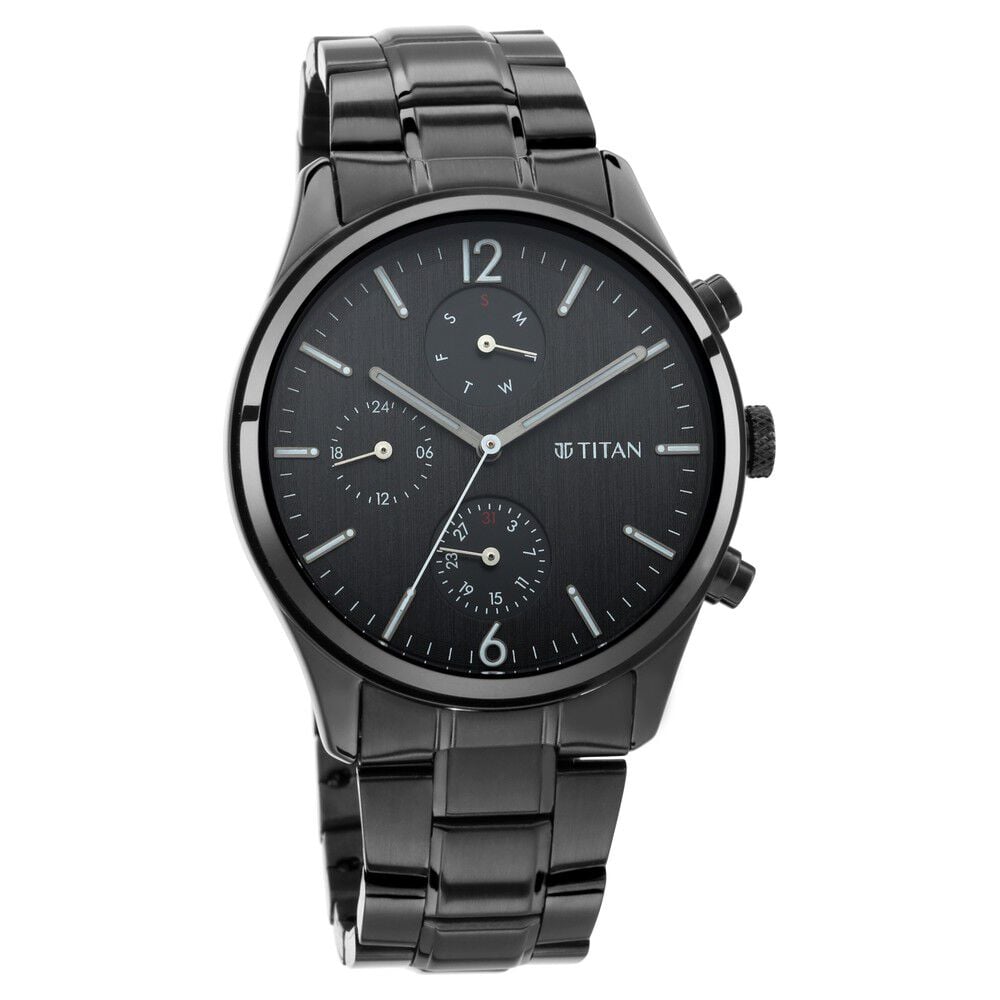 [1805nm02] Titan Men's Metropolitan Charm: Men's Multifunctional Black Watch with Metallic Accents