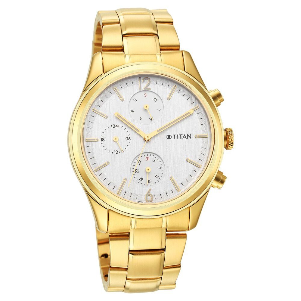 [1805ym01] Titan Black and Gold Silver Dial Analog with Day and Date Stainless Steel Strap Watch for Men