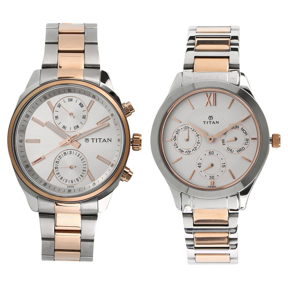 [17332570km01p] Titan Bandhan White Dial Quartz Multifunction Stainless Steel Strap watch for Couple
