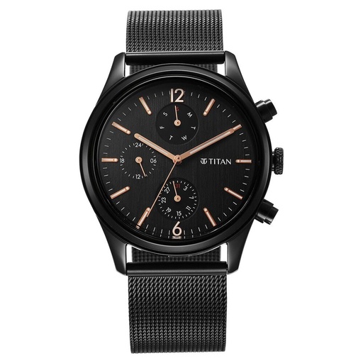 [1805nm05] Titan Neo Black & Gold Quartz Analog with Day and Date Black Dial Stainless Steel Strap Watch for Men
