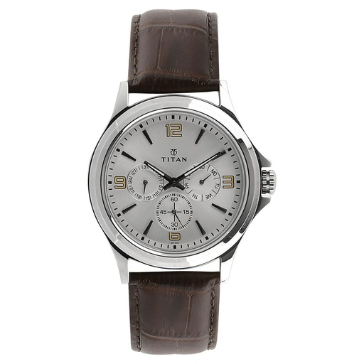 [1698sl01] Titan Quartz Multifunction Silver Dial Leather Strap Watch for Men