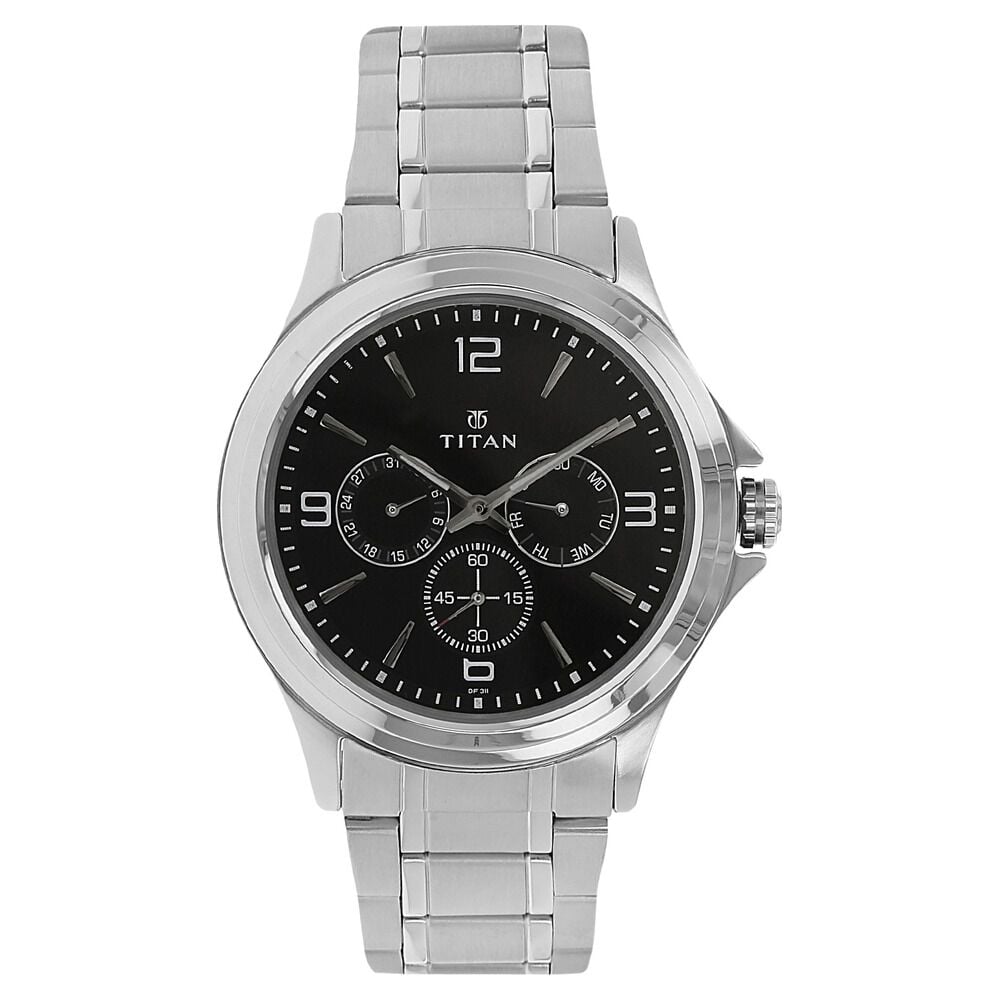 [1698sm01] Titan Quartz Multifunction Black Dial Stainless Steel Strap Watch for Men