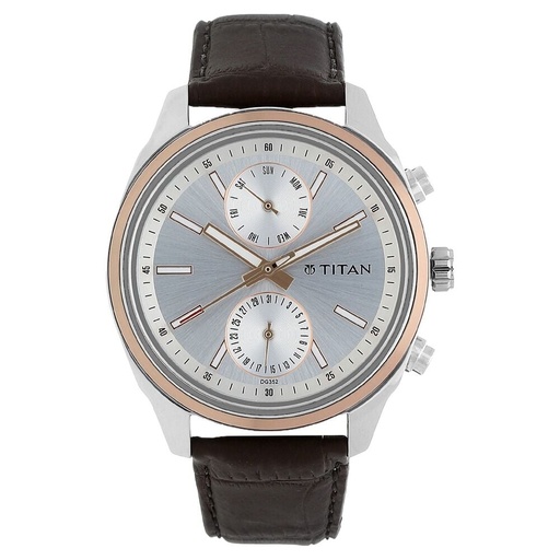 [1733kl02] Titan Quartz Multifunction Silver Dial Leather Strap Watch for Men