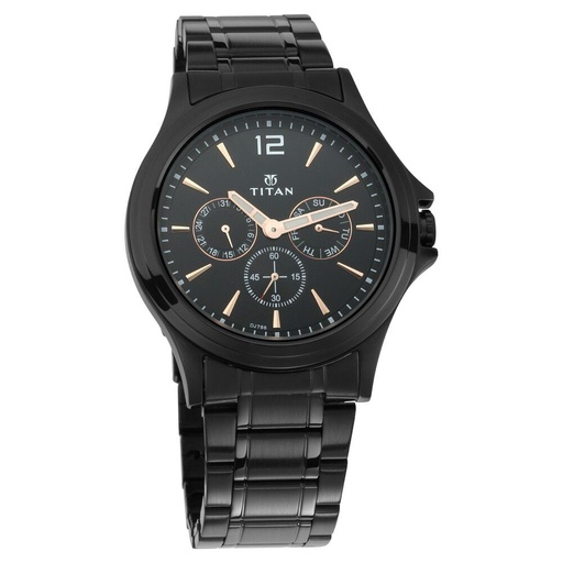 [1698nm01] Titan Quartz Multifunction Black Dial Stainless Steel Strap Watch for Men