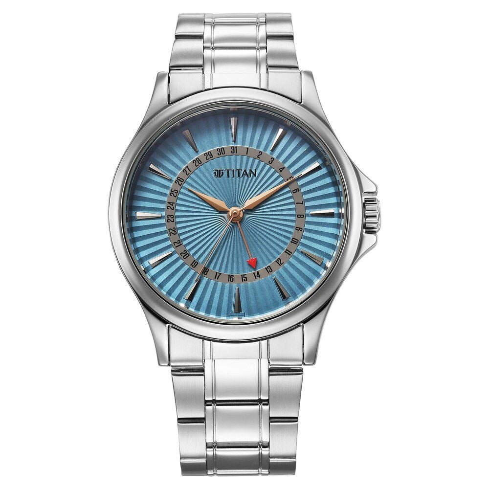 [10038sm01] Titan Karishma Quartz Analog with Date Blue Dial Stainless Steel Strap Watch For Men