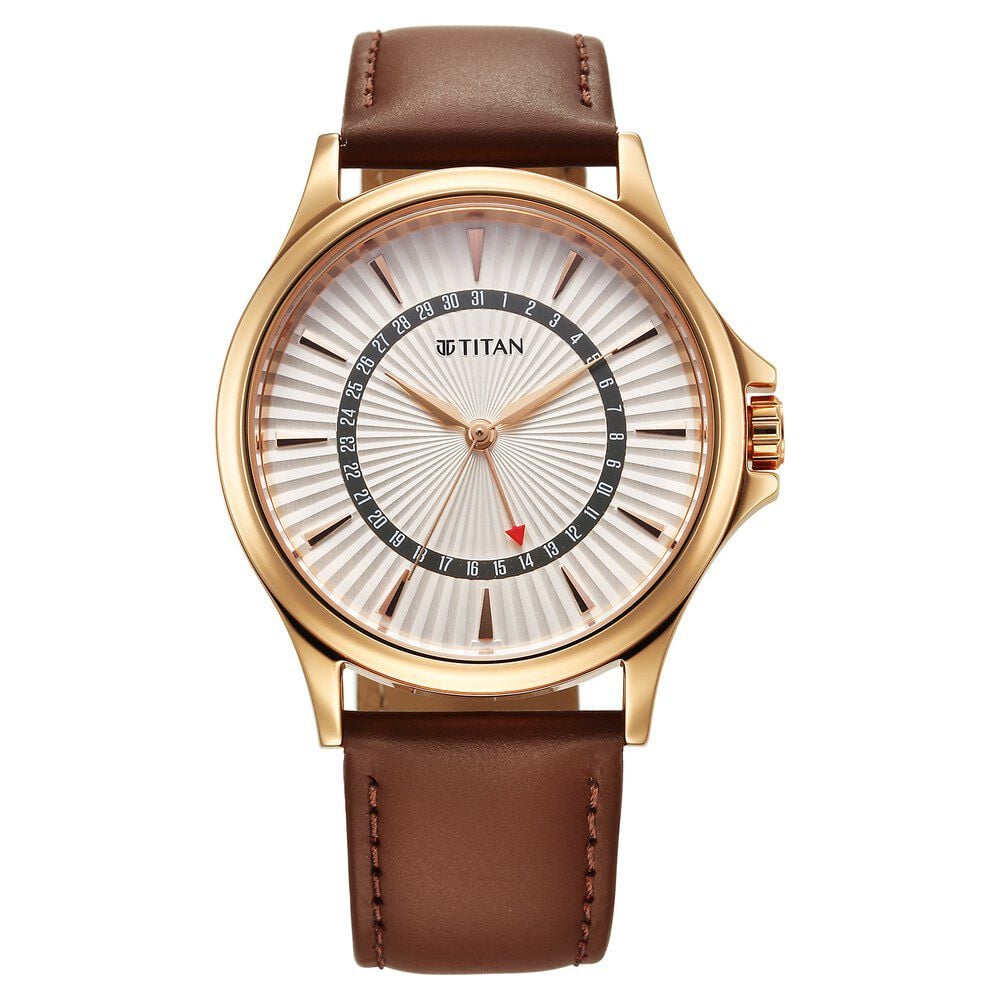 [10038wl01] Titan Karishma Quartz Analog with Date Silver Dial Leather Strap Watch For Men