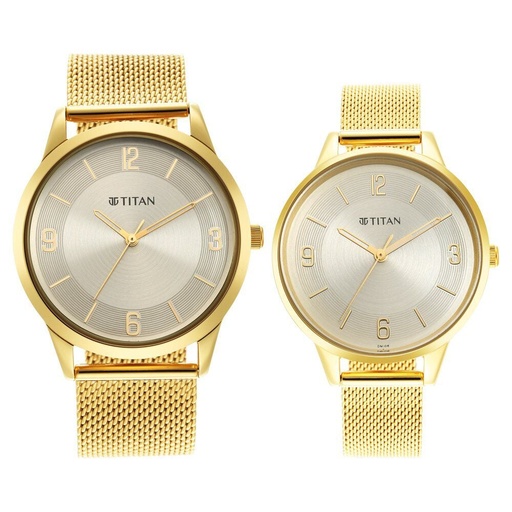 [18062648ym01p] Titan Bandhan Champagne Dial Analog Stainless Steel Strap watch for Couple