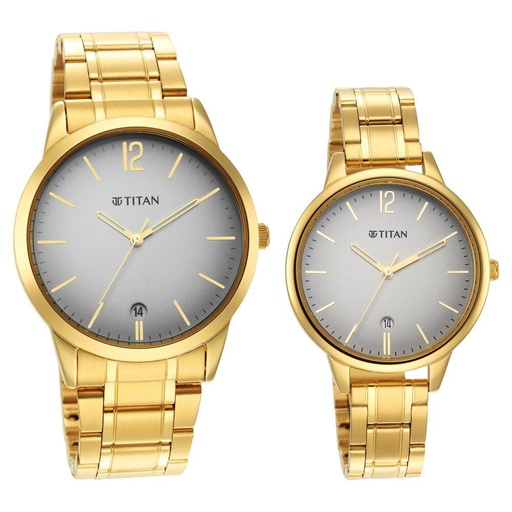 [18062617ym01p] Titan Bandhan Grey Dial Analog Stainless Steel Strap Watch for Couple
