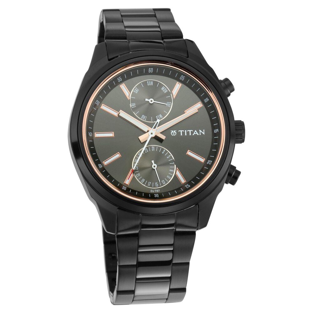 [1733nm01] Titan Men's Metropolitan Luxe: Multifunction Mono black Dial with Two-Tone Stainless Steel Bracelet Watch