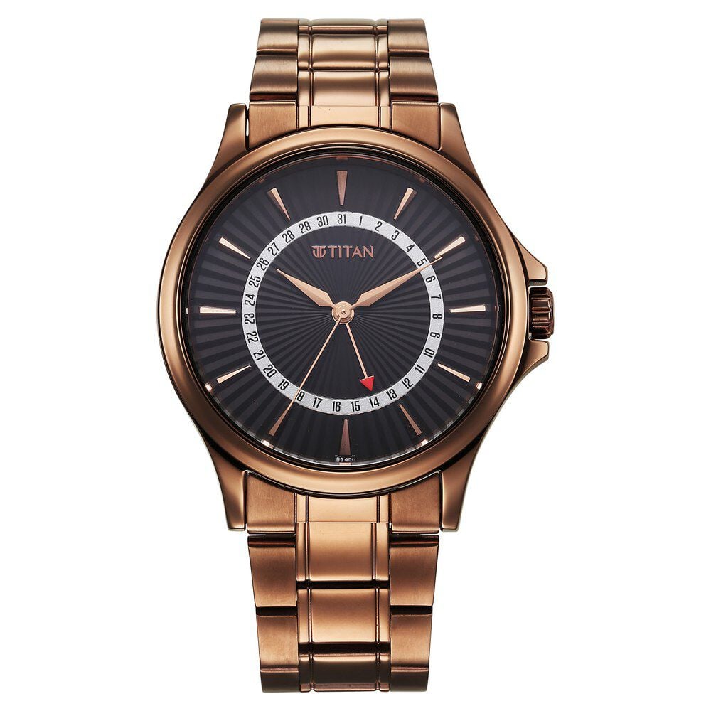 [10038qm01] Titan Karishma Quartz Analog with Date Black Dial Stainless Steel Strap Watch For Men