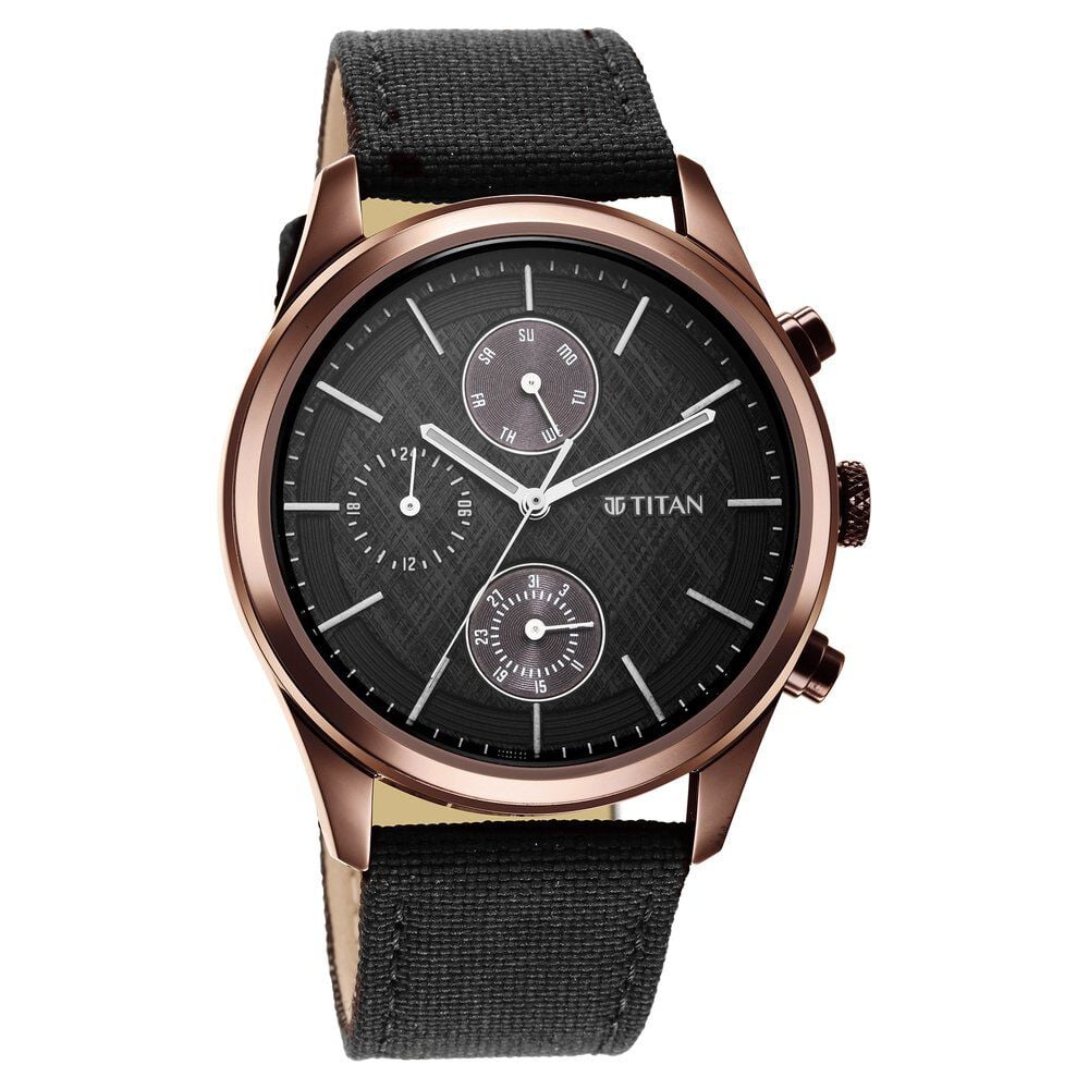 [1805qp01] Titan Men's Infinity Chrono watch: Precise Blue Dial, Rose Gold Highlights, Durable Leather Strap
