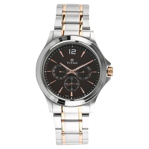[1698km01] Titan Workwear Quartz Multifunction Brown Dial Stainless Steel Strap watch for Men