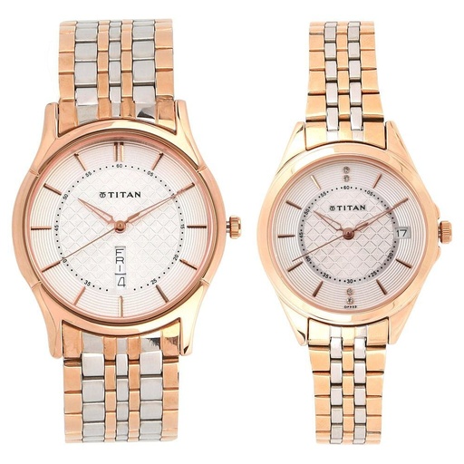 [16362565km01p] Titan Quartz Analog with Day and Date Silver Dial Stainless Steel Strap Watch for Couple