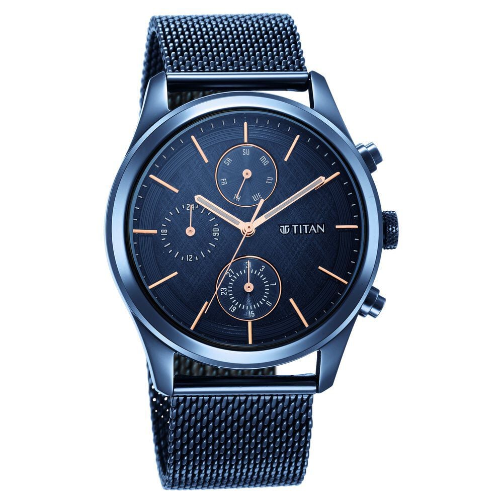 [1805qm02] Titan Men's Sartorial Neo Splash: Blue Dial Multifunction Watch with Mesh Strap