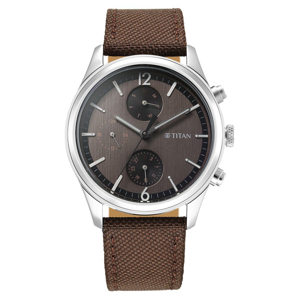 [1805sl12] Titan Wrist Wit Quartz Analog with Day and Date Brown Dial Leather Strap Watch for Men