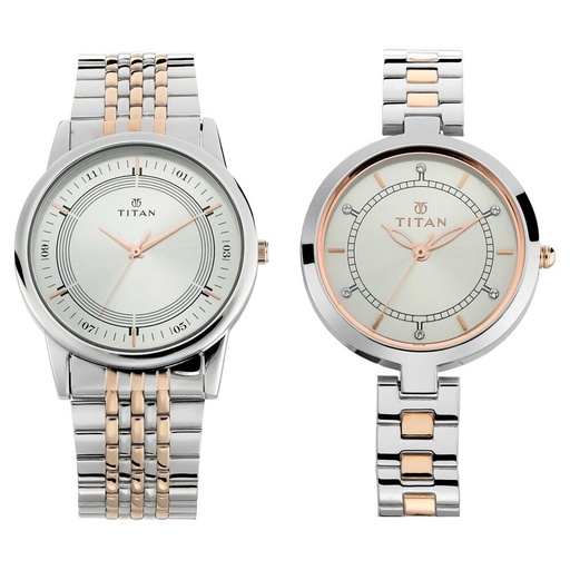 [17732603km01p] Titan Bandhan Quartz Analog Silver Dial Stainless Steel Strap Watch for Couple