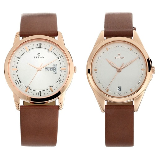 [17742565wl01p] Titan Quartz Analog with Day and Date Silver Dial Leather Strap Watch for Couple