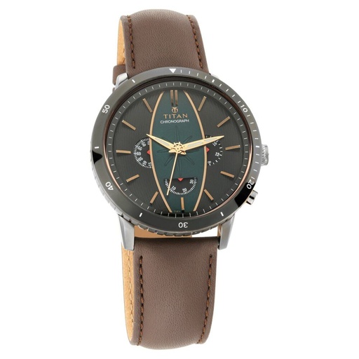 [1832kl01] Titan Quartz Chronograph Green Dial Leather Strap Watch for Men