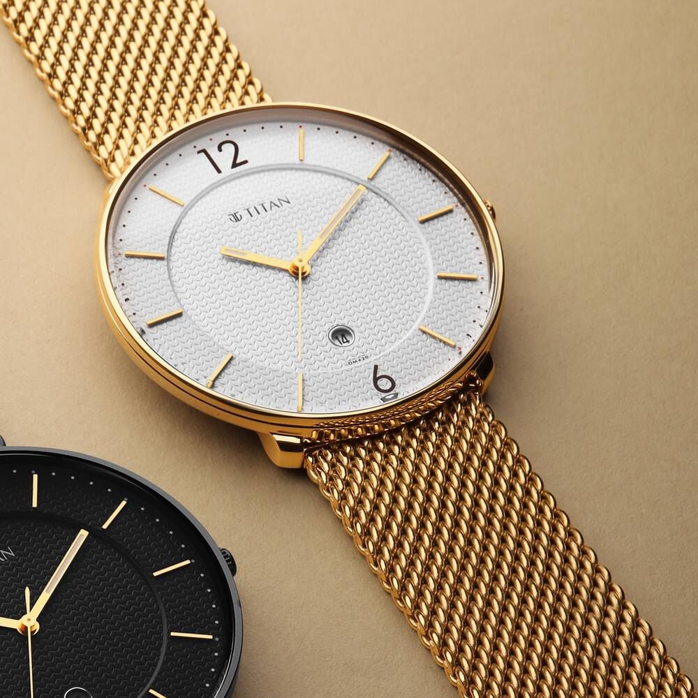 [1849ym01] Titan Black and Gold Quartz Analog with Date Silver Dial Stainless Steel Strap Watch for Men