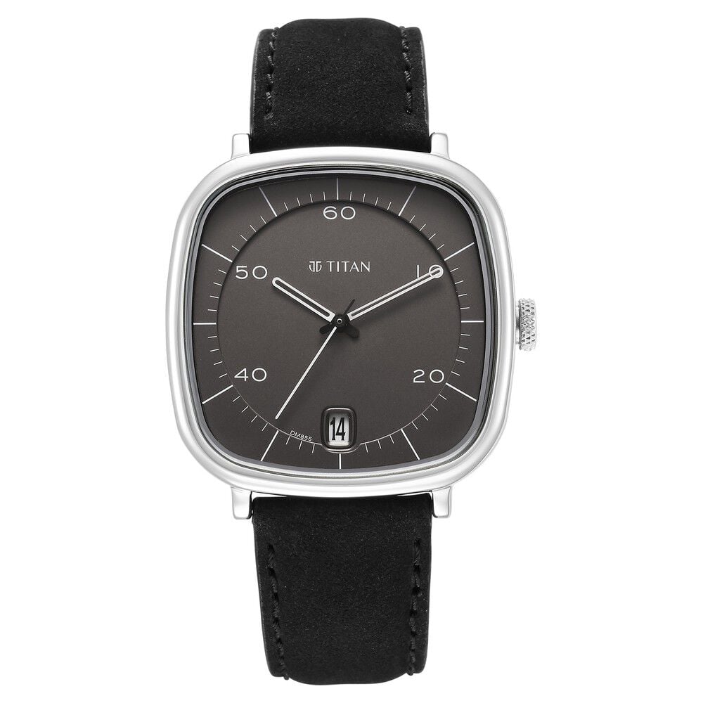 [1885sl02] Titan Neo Curve Quartz Analog with Date Anthracite Dial Black Leather Strap Watch for Men