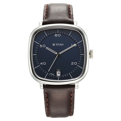 [1885sl03] Titan Neo Curve Quartz Analog with Date With Date Blue Dial Brown Leather Strap Watch for Men