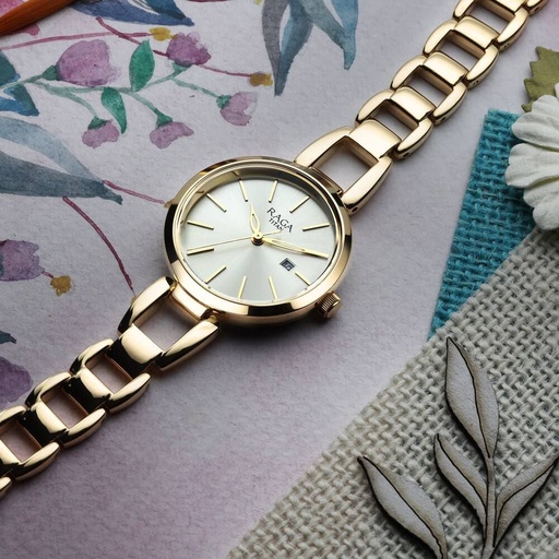 [2642ym01] Titan Raga Viva Golden Dial Analog with Date Metal Strap Watch for Women