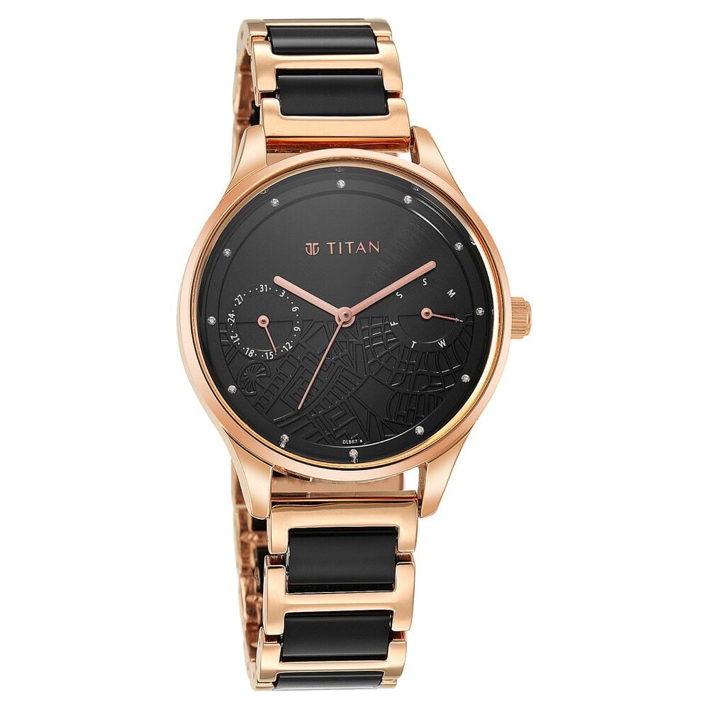 [2670wd01] Titan Purple Acetate Black Dial Analog with Day and Date Metal and Acetate Strap Watch for Women