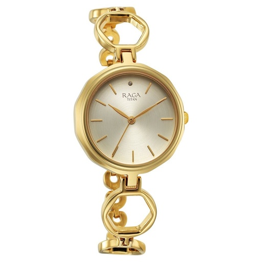 [2685ym01] Titan Raga Viva Golden Dial Quartz Analog with Date Metal Strap Watch for Women