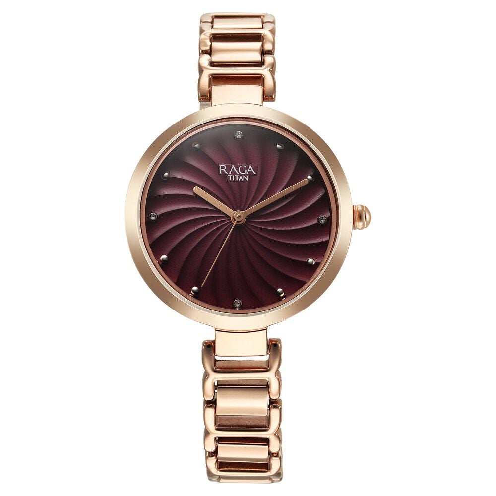 [2752wm01] Titan Raga Memoirs Quartz Analog Burgundy Dial With Rose Gold Color Metal Strap Watch For Women