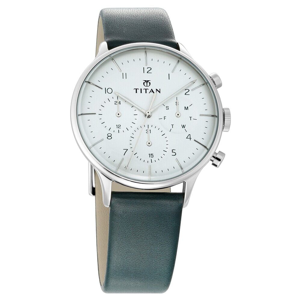 [90102sl03] Titan Quartz Multifunction White Dial Leather Strap Watch for Men