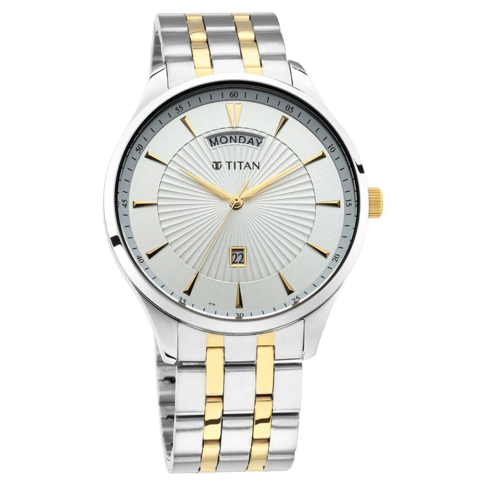 [90127bm01] Titan Regalia Opulent White Dial Analog with Day and Date Stainless Steel Strap Watch for Men