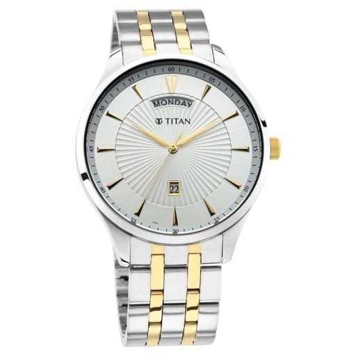 [90127bm01] Titan Regalia Opulent White Dial Analog with Day and Date Stainless Steel Strap Watch for Men