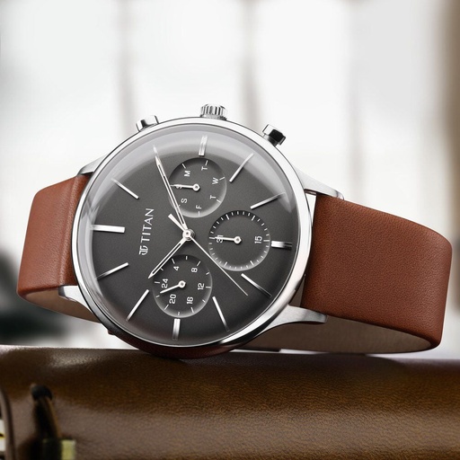 [90134sl01] Titan Quartz Multifunction Blue Dial Leather Strap Watch for Men