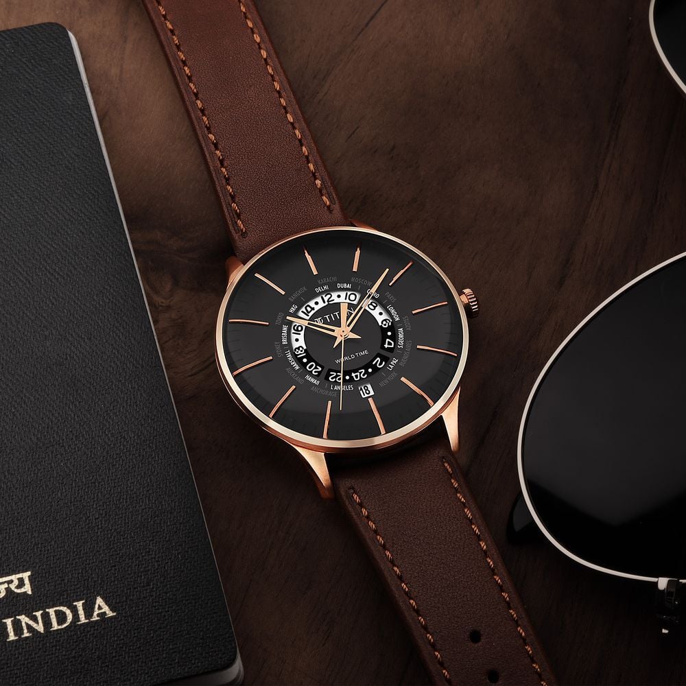 [90145wl01] Titan Black Dial World Time with Date Stainless Steel Strap Watch for Men