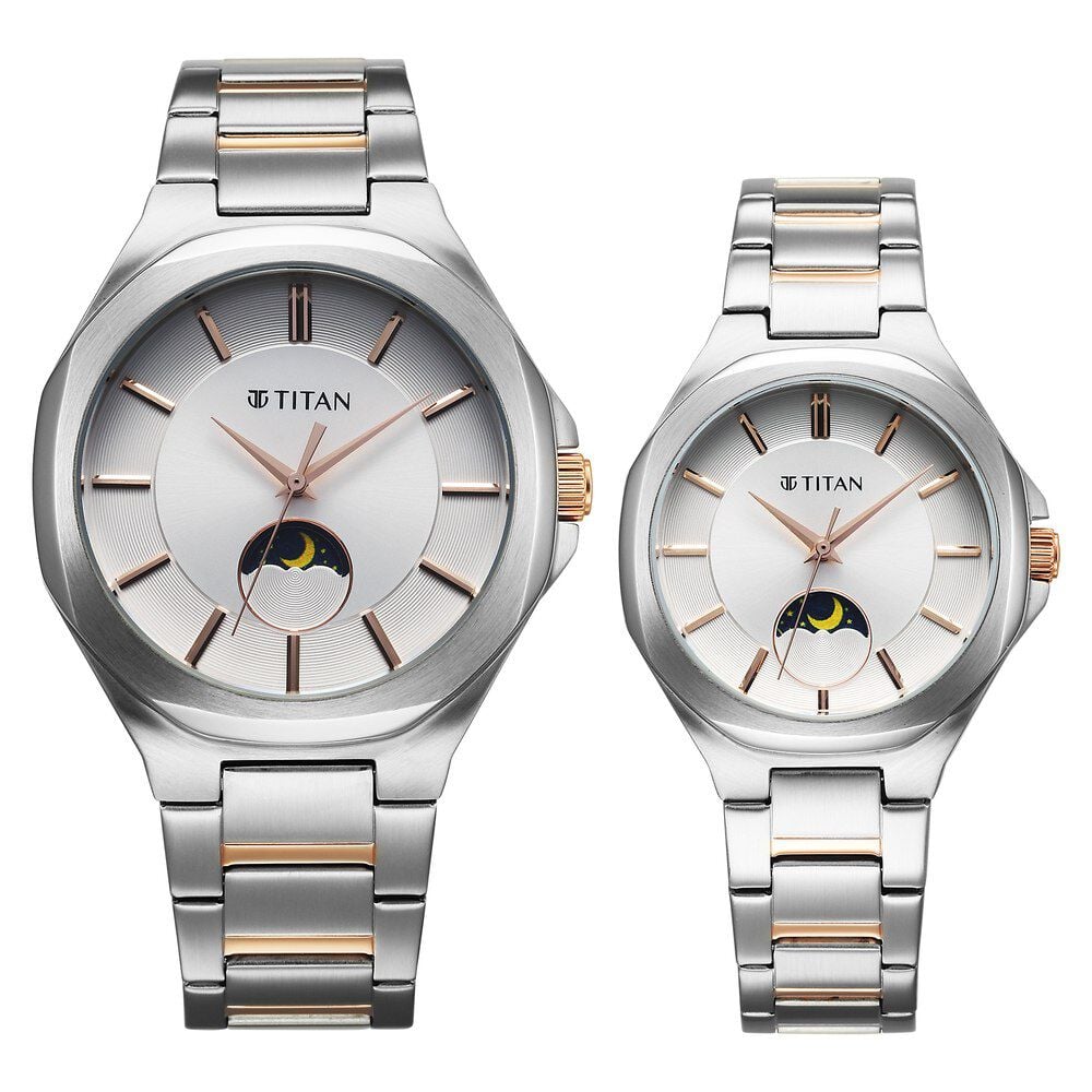[9400994209km01] Titan Bandhan Quartz Analog Sun-Moon Silver Dial Two Toned Stainless Steel Strap Watch For Couple