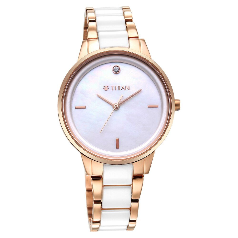 [95213kd01] Titan Purple Ceramics MOP Dial Analog Steel and Ceramic Strap Watch for Women