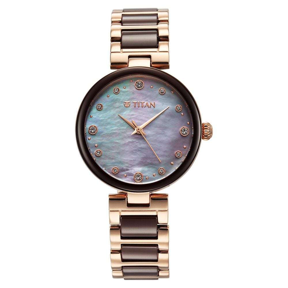 [95214kd03] Titan Purple Ceramics Mother of Pearl Dial Analog Steel and Ceramic Strap Watch for Women