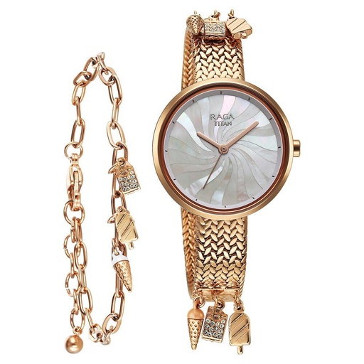 [95253wm01f] Titan Raga Memoirs Quartz Analog Mother Of Pearl Dial With Rose Gold Metal Strap Watch For Women