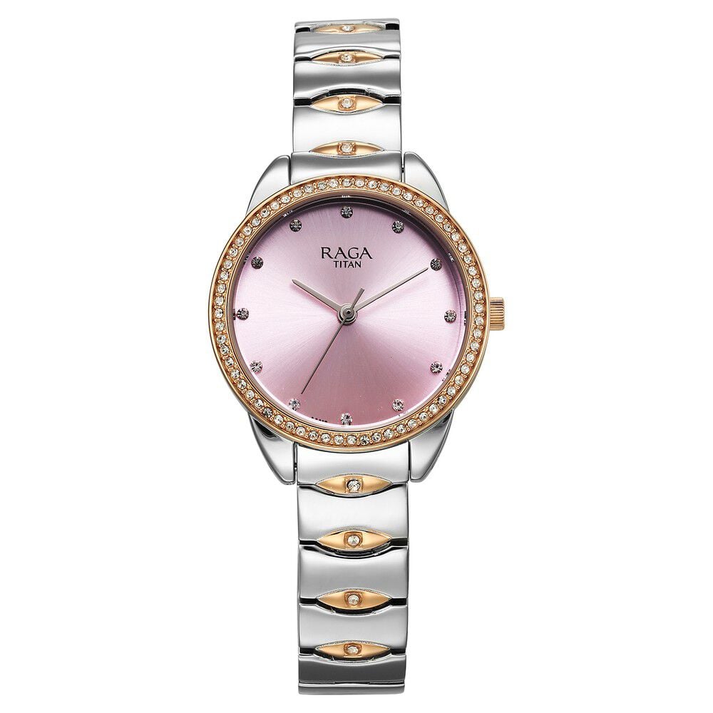 [95281km01] Titan Raga Showstopper Quartz Analog Purple Dial Metal Strap Watch for Women